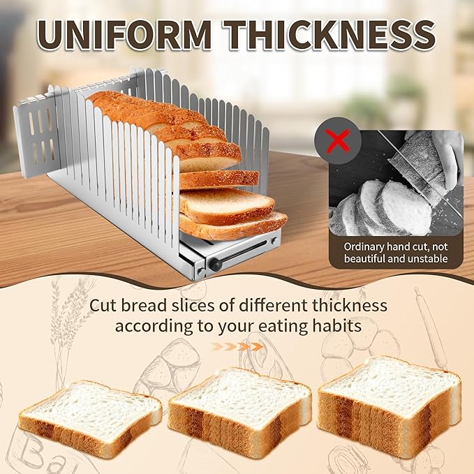 Stainless Steel Bread Slicer - Adjustable Foldable Durable Steel Space -Saving Cutting Guide Homemade Breads,Suitability for Homemade Breads, Bagel,Cakes - Kitchen Gadget, Baking Tool & Gift