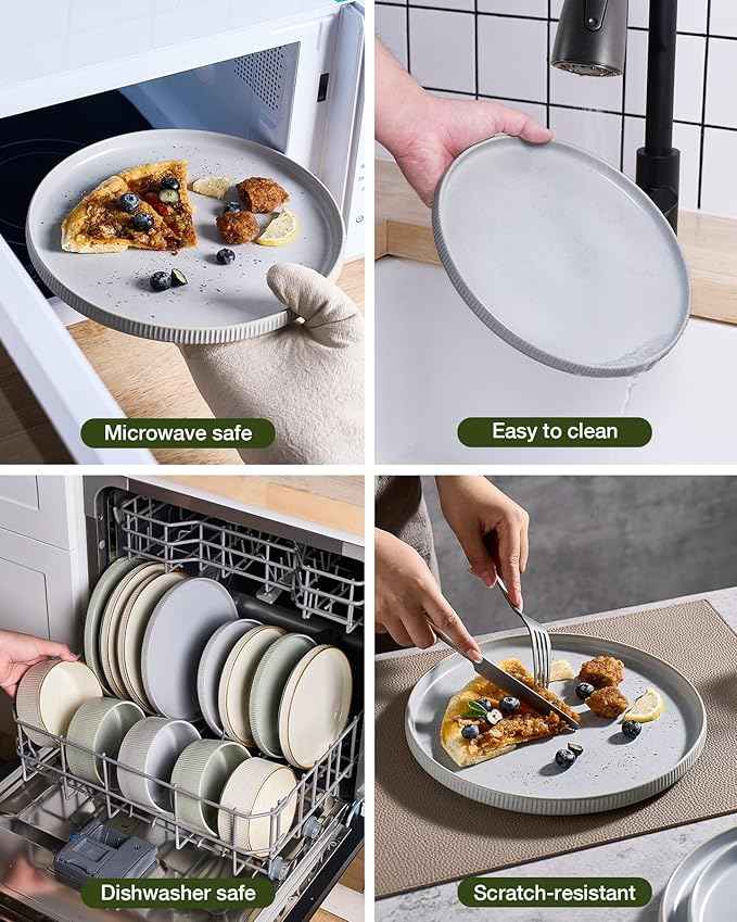 Famiware Star Dinnerware Set, Plates and Bowls Sets for 6 (18pcs), Ribbed Stoneware Dishes - Chip & Scratch Resistant, Microwave & Dishwasher Safe Kitchenware, Matte Gray