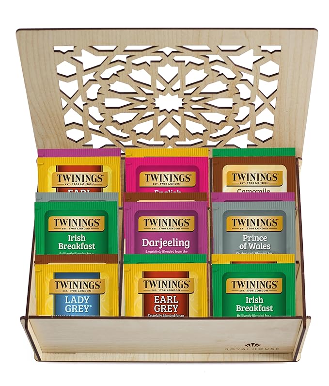 Twinings Tea Bag Sampler Variety with White Wooden Organizer (60 Count) 40 Different Flavours, Gift for Tea Lovers: Women, Men, Mom, Dad, Family, Friends, Couples