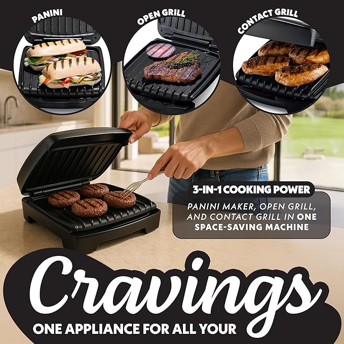 Gourmia Indoor Grill & Panini Maker – 4 Serving Contact or Open Grill, Nonstick Ceramic, Preheat Indicator Light, Slope Design with Removable Dishwasher Safe Drip Tray