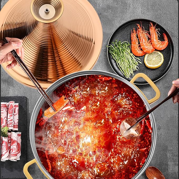 Stainless Steel Moroccan Tagine Pot, Large Moroccan Tajine Casserole with Cone-Shaped Lid, Non Stick Tagine Cooking Pot with 2 Handles(28cm/11in, Gold)
