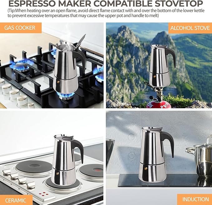 2 Cup 100ml Moka Pot Stainless Steel Espresso Coffee Maker Stovetop Coffeemaker Italian Classic Style Brewing Greca Cafe Mocha Machine for Cafeteras Lover Camping Travel and Home Use 3.3oz