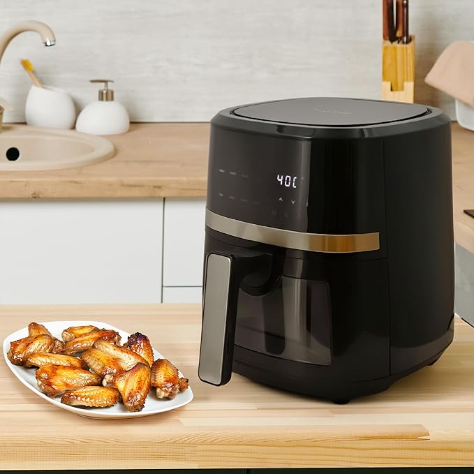 MegaChef 4 Quart Digital LED Display Electric Air Fryer with Transparent Window in Black and Bonus 125 Piece Paper Liners