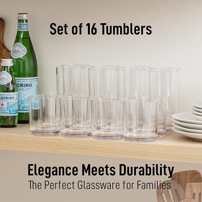 Zulay Kitchen Plastic Drinking Glasses (Set of 16) – Mixed 16oz & 12oz Acrylic Shatterproof Cups for Home, Kitchen & Outdoors – Crystal Clear Glass Look – BPA & Lead-Free – Top-Rack Dishwasher Safe