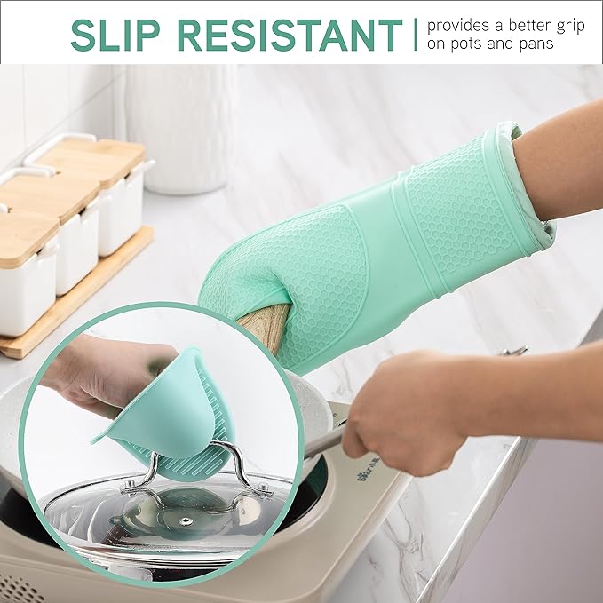 COOK WITH COLOR Silicone Oven Mitts- Heat Resistant Gloves with Soft Quilted Lining Oven Mitt Pot Holders for Cooking and BBQ, Mint, Mitt Set