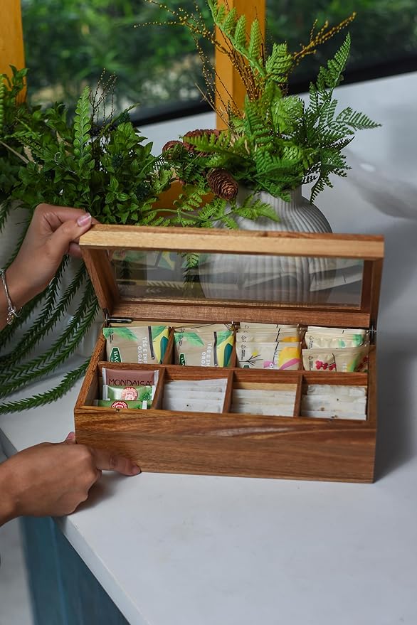 Acacia Wood and Bamboo Tea Bag Organizer - 4 & 8 Compartment Tea Box for Countertop - Tea Station & Coffee Bar Accessories - Fits Large & Craft Tea Bags (Wood, 8 Compartment)