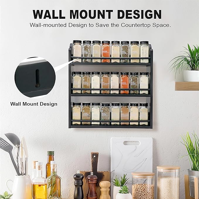 3 Tier Bamboo Spice Rack, Spice Rack Organizer, Seasoning Jars Rack Shelf Spice Organizer for Kitchen Counter or Wall Mounting, Spice Storage Holder with handles, Jars Not Included, Black