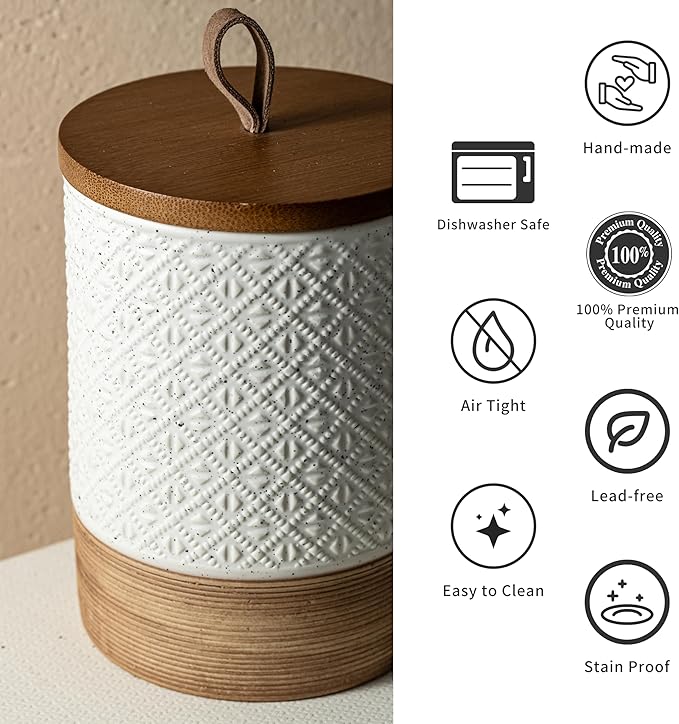 Miamolo Ceramic Coffee Container Kitchen Food Storage Jars for Spice Sugar Tea Bag, Stackable Farmhouse Jars for Kitchen Pantry - Coffee Bar Accessories Housewarming Weeding Gift - White & 42 fl.oz