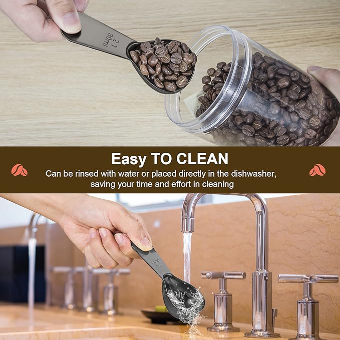 Safring Stainless steel coffee scoop 2-piece set (1 tbsp, 2 tbsp) durable Tablespoon, ergonomic measuring spoon, Suitable for small and large jars，short-handled spoon (Black)