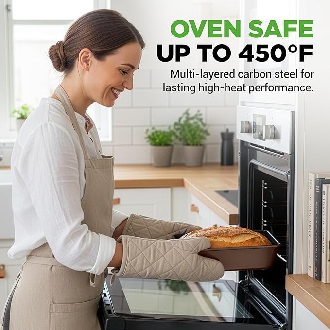 NutriChef 8-Piece Nonstick Stackable Bakeware Set - PFOA, PFOS, PTFE Free Baking Tray Set w/Non-Stick Coating, 450°F Oven Safe, Round Cake, Loaf, Muffin, Wide/Square Pans, Cookie Sheet (Brown)