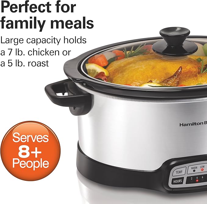 Hamilton Beach 7 Quart Programmable Slow Cooker With Flexible Easy Programming, 5 Cooking Times, Dishwasher-Safe Crock & Lid, Silver (33473)