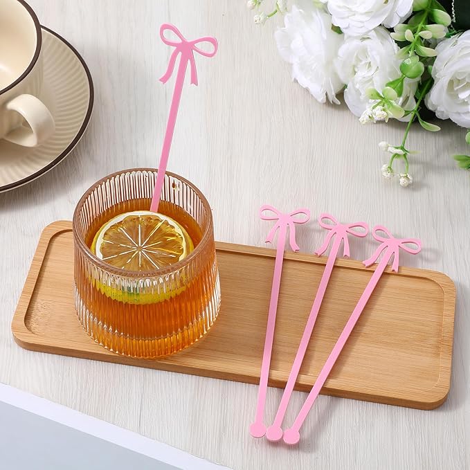 20PCS Drink Stirrers Cocktail - Shimmeroo Pink Bow Acrylic Drink Stirrers, 6 Inch Long Reusable Plastic Stirrer for Wedding Birthday Bridal Bachelorette Party Supplies Cupcake Decorations