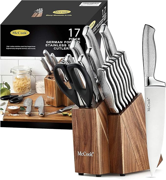 McCook® Premium Knife Sets,Full Tang Hammered German Stainless Steel Kitchen Knife Set with 8 Pieces Steak Knives and Acacia Block