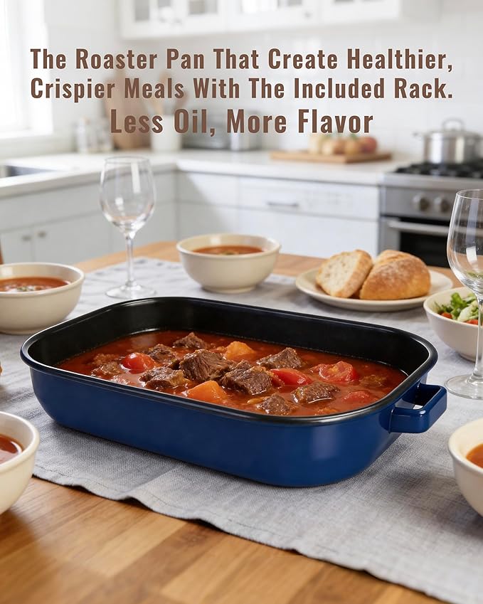 Roasting Pan for Oven with Rack 6-Piece Enamel Deep Lasagna Baking Dish 14&17 Inch, 572°F High Temp Resistance Dishwasher Safe Non-Stick Easy-To-Clean, Large Turkey Ham Roaster Mothers Day Gift