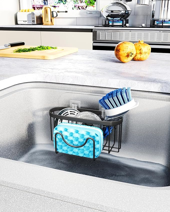 HapiRm Multifunctional Sponge Holder with Unique M-Shaped, Two Installation Methods Kitchen Sink Organizer, Rustproof Stainless Steel Sink Caddy -Black（2-Pack）