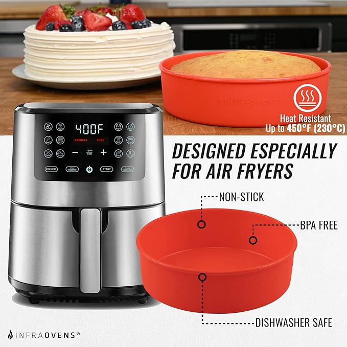 Air Fryer Silicone Baking Set, 7.5” Cake Pan, Muffin Cups, Scraper & Cheat Sheet – Non-Stick, BPA-Free Bakeware for Instant Vortex, Cosori, Ninja, PowerXL Grill, Chefman & More by INFRAOVENS