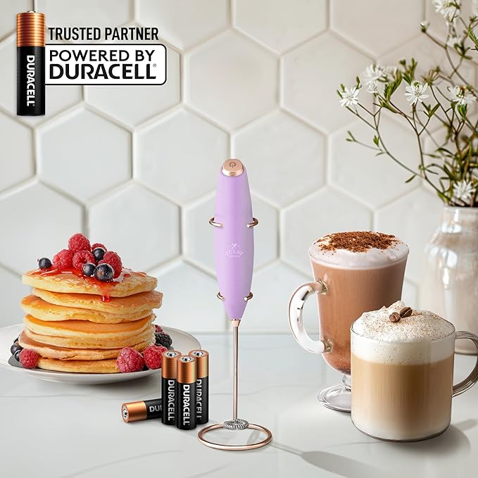 Zulay Kitchen Powerful Milk Frother Wand With 4 AA Duracell Batteries - Ultra Fast Handheld Drink Mixer - Electric Whisk Foam Maker for Coffee, Lattes, Cappuccino, Matcha & Creamer - Lilac & Rose Gold