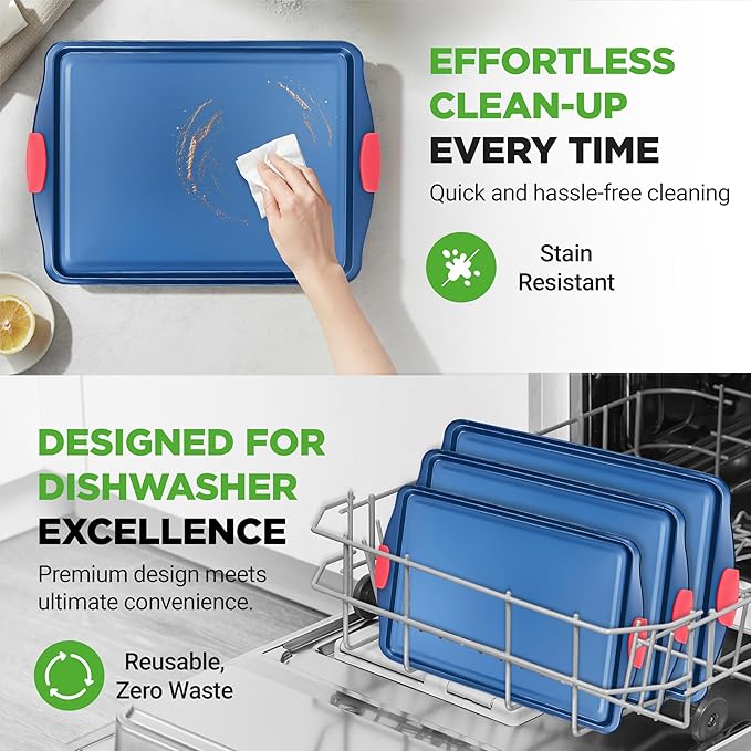 NutriChef Nonstick 3-Piece Baking Pans Set – Carbon Steel Bakeware with Blue Coating Inside & Outside and Red Silicone Handles, Durable and Reliable, Effortless Baking and Easy Cleanup (Blue)