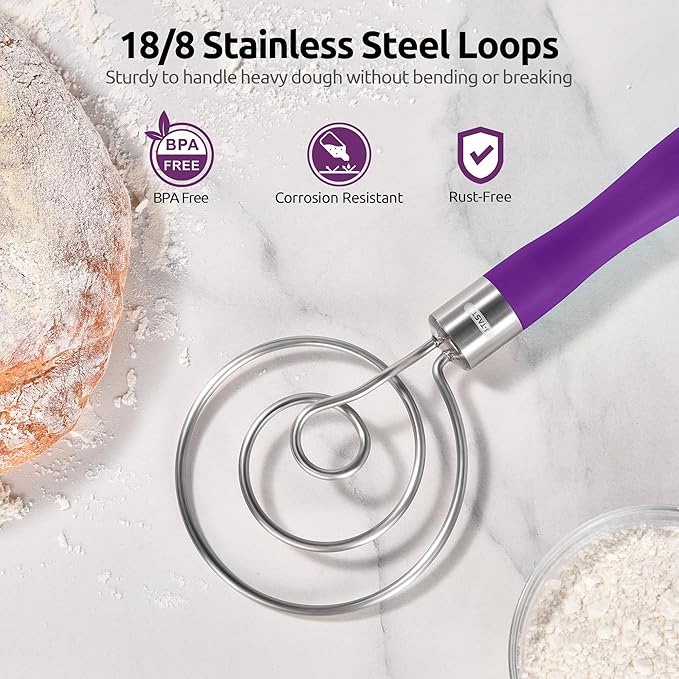U-Taste 18/8 Stainless Steel Measuring Cups and Spoons Set of 10 and 12.6in Stainless Steel Danish Dough Whisk (Purple)