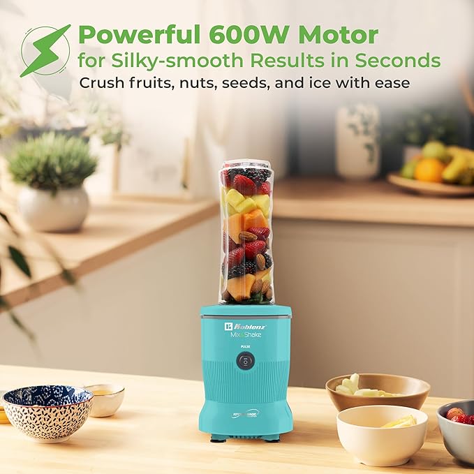 Mix&Shake Blender, 20 oz Portable Blender, 600W Motor, Pulse, ON/OFF Functions, Stainless Steel Blades, Shakes, Sauces, Smoothie Maker, (1) 20 oz To-Go Bottle, Green, MSKM-600 V