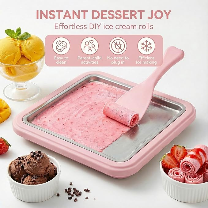 Rolled Ice Cream Maker, Ice Cream Tray with Ice Cream Roller, Manual Homemade Ice Cream Maker for Frozen Yogurt Sorbet, Ice Cream Tray for Family (Pink)