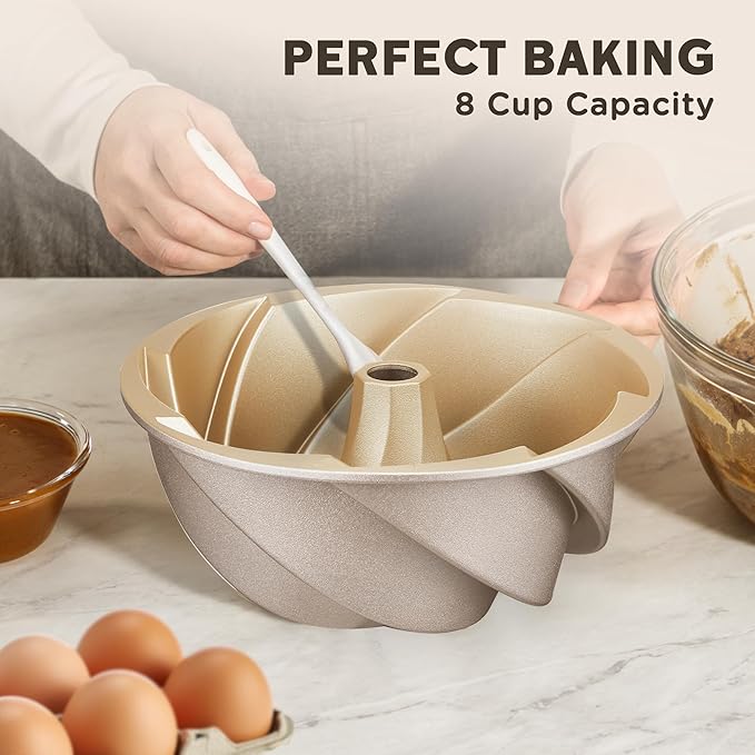 KITESSENSU Non-Stick Cake Pan, 9.5-Inch Aluminum Cake Mold, 8 Cup Fluted Heavy Duty Tube Pan, Durable Rust & Scratch-Resistant, Baking Mold for Jello, Gelatin, Chocoflan, Flan, Marissa, Gold