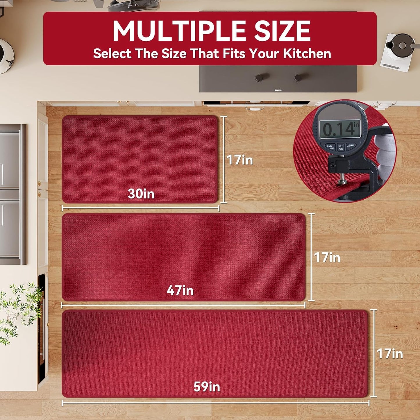 Kitchen Mats for Floor, Super Absorbent Kitchen Rugs Non Slip Washable, Soft Imitation Linen Braided Kitchen Runner Rug, Standing Mat Kitchens Sink Mat, Easy to Clean, Red 17x95