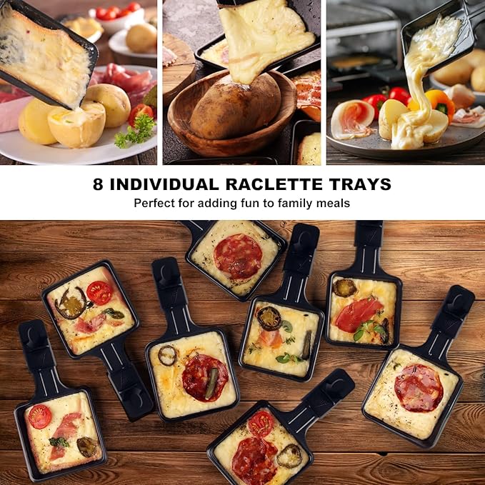 CUSIMAX Raclette Grill Korean BBQ Grill, Portable Raclette Table Grill Electric Grill with Non-stick Plate, Adjustable Temperature Control, Indoor Grill with Cool Touch Handles, 8 Cheese Trays for Fun