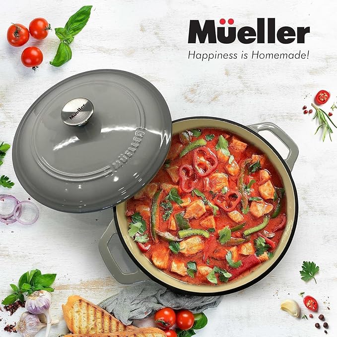 MUELLER HOME 4.5 QT Enameled Cast Iron Dutch Oven, Heavy-Duty Casserole Dish and Braiser Pan with Lid and Stainless Knob, Oven-Safe up to 500° F & Across All Cooktops, Grey