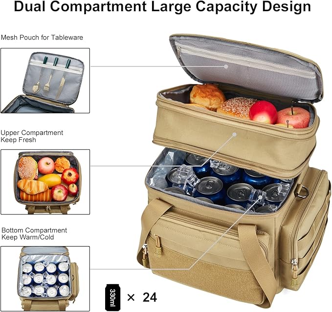 Gafetrey Large Tactical Lunch Box for Men, Insulated Lunch Bag Adult, Thermal Lunchbox Leakproof Waterproof Cooler Bag, Dual Compartment Lunch tote, Large Lunch Pail for Work Office Camping 24L