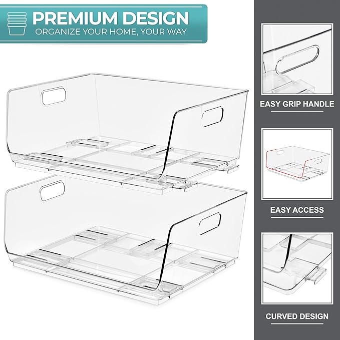 Sorbus Stackable Storage Bins Open Front, Clear Stackable Storage Bins, Pantry Bins for Storage and Organization, Acrylic Stackable Bins for Kitchen, Clear Pantry Organizer Bins (Large 8 Pack)
