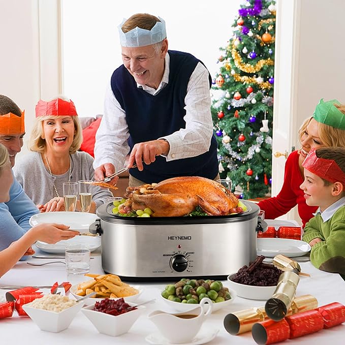 20 Quart Electric Roaster Oven with Self-Basting Lid, Turkey Roaster with Defrost Warm Function, Adjustable Temperature, Removable Pan Rack, Stainless Steel, Silver