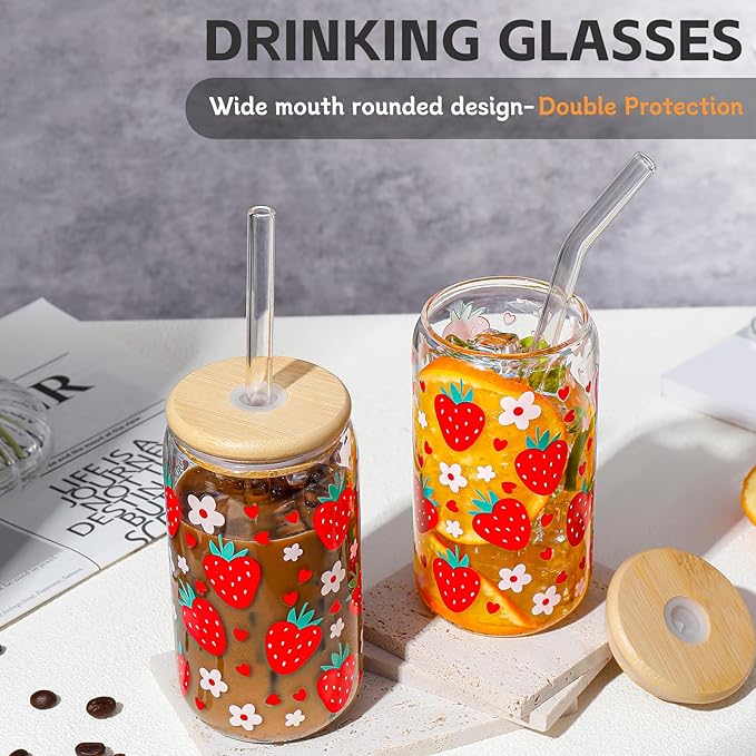 Glass Cups with Lids and Straws with Design Strawberry 4 pcs,Clear Glass Cups 16 oz-DWTS Drinking Glasses Set,Glass Tumbler,Cute Design Glass Iced Coffee Cups with Lids and Straws