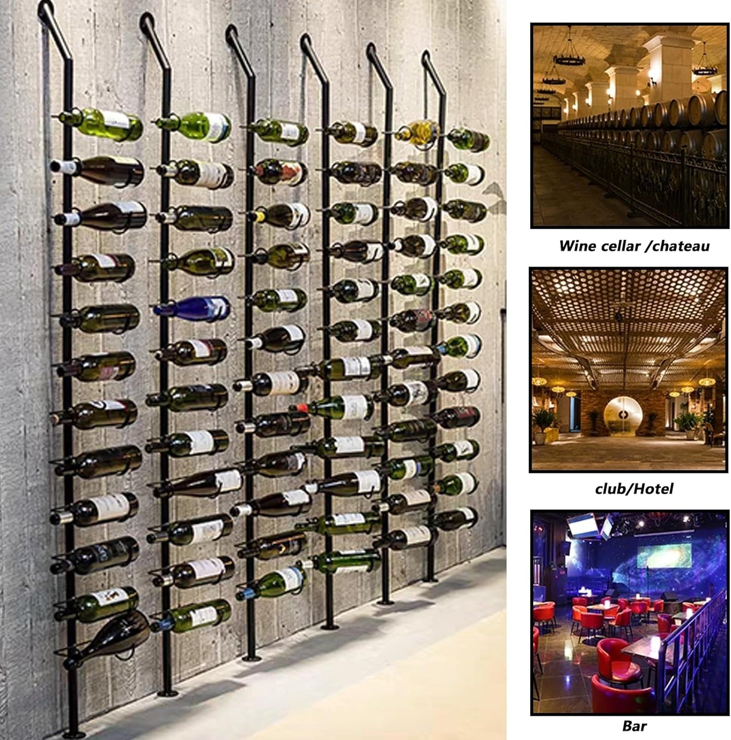 Wine Rack Wall Mounted, 72.8in High Metal Wine Bottle Holder for 12 Bottles, Kitchen Organization and Wine Storage for Commercial Restaurants Pantry Bar Wine Cellar (Black, One row-12 Bottles)