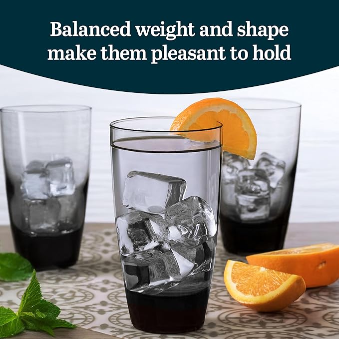 Libbey Classic Smoke Tumbler Glasses, Classy, Timeless Drinkware Set of 12, 18 Oz, Dishwasher Safe Drinking Cooler Glasses for Special Occasions
