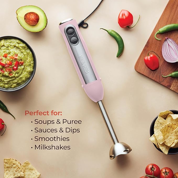 Powerful Immersion Blender, Electric Hand Blender 500 Watt with Turbo Mode, Detachable Base. Handheld Kitchen Blender Stick for Soup, Smoothie, Puree, Baby Food, 304 Stainless Steel Blades (Pink)