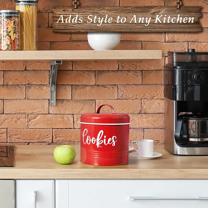 DAYYET Farmhouse Cookie Jar for Kitchen Counter, 1 Gallon Vintage Cookie Jar with Airtight Lid, Large Food Storage Container for Candy, Cookies, Dessert, Red Kitchen Decor and Accessories