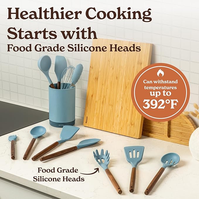 Silicone Kitchen Utensils Set & Holder: Cooking Utensils Set - Kitchen Essentials for New Home & 1st Apartment- Silicone Spatula Set, Cooking Spoons for Nonstick Cookware (Acacia Wood, Blue)