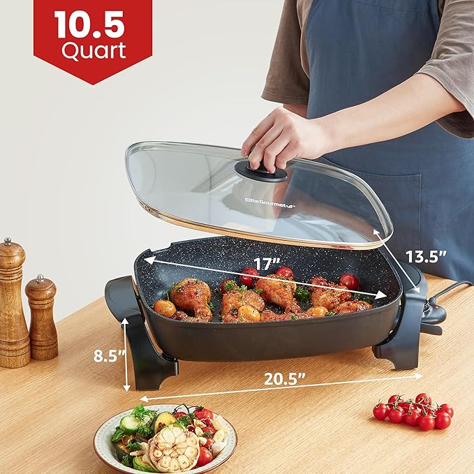 Elite Gourmet EG-6203X Extra Deep 16"x13"x3.2" (10.5Qt.) Scratch Resistant, Easy Pour Spout, Dishwasher Safe, Non-stick Electric Skillet with Vented Glass Lid, Adjustable Temperature, Black