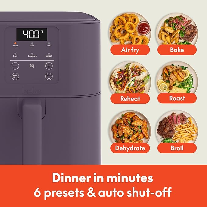 bella 6 Qt Slim Air Fryer, Fits-anywhere™ Kitchenware, EverGood™ Ceramic Nonstick Coating, Adjustable Temperature, 6 Preset Cooking Options, 60 Min Auto Shutoff w Audible Tone, 5lb Capacity, Plum