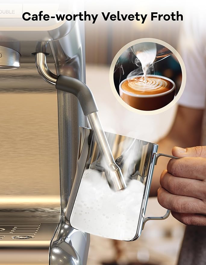 GarveeHome Espresso Machine With Grinder, 20 Bar Semi-Automatic Espresso Coffee Maker With Milk Frother Steamer Wand Cappuccino Latte Macchiato, 95 oz Water Tank, PID Temperature Control, Light Gray