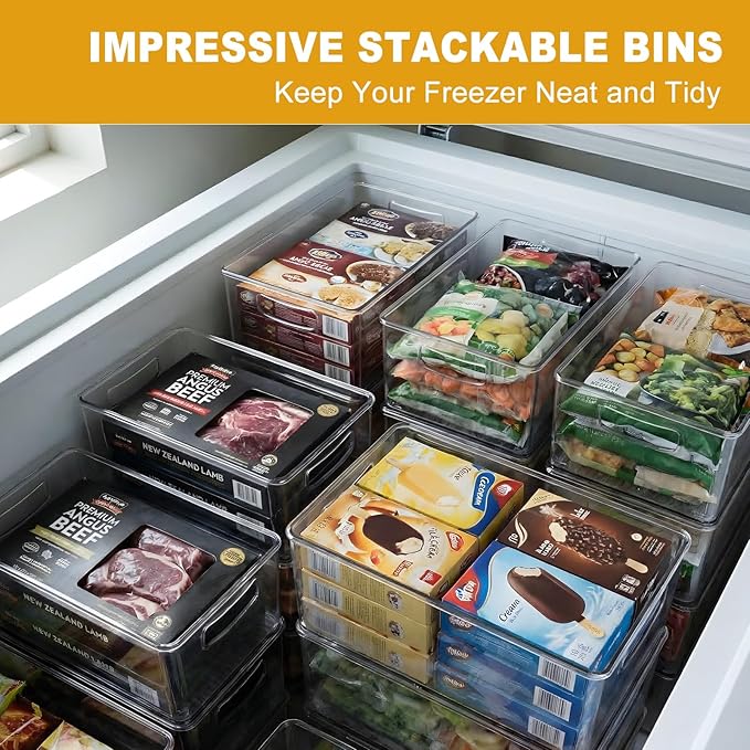 Hudgan 8 Pack Pantry Organizer and Storage, 2 Extra Large Stackable Freezer Organizer Bin, 3 Large Clear Storage Bin and 3 Medium Plastic Container for Home Edit, Kitchen Cabinet, Bathroom Shelf