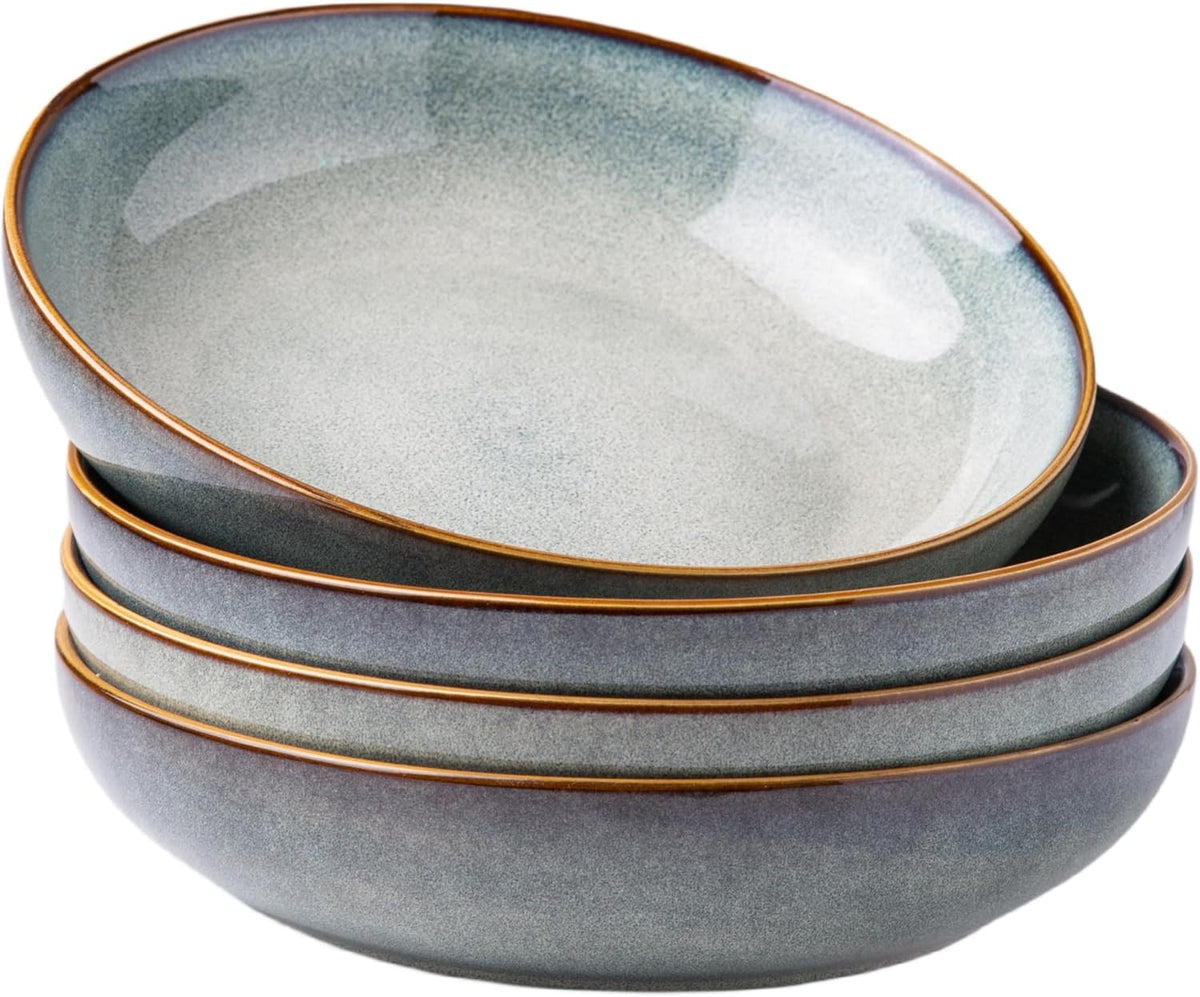 AmorArc 8.5'' Large Ceramic Pasta Bowls, 36oz Stoneware Pasta Serving Bowls Set of 4 for Kitchen, Wide Bowls for Pasta,Salad,Oatmeal, Microwave Safe, Reactive Glaze-Ocean