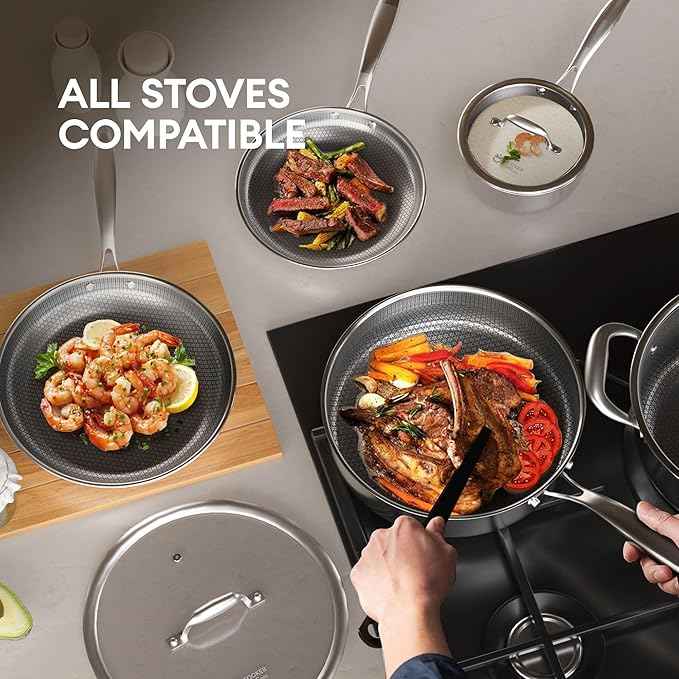 COOKER KING Stainless Steel Cookware Set, 11 Pcs Pots and Pans Set, Hybrid Ceramic Cookware,Non-Stick Frying Pans, Saucepans, Saute Pan & Stock Pot, Non-Toxic, Oven Safe, Induction Compatible