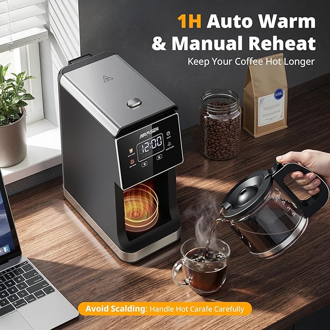 AIRMSEN Grind & Brew Coffee Maker with Built-in Grinder, Programmable Single Serve Coffee Maker - 5 Cup Capacity, 3 Grind Settings, Auto Keep Warm & Glass Carafe for Home and Office