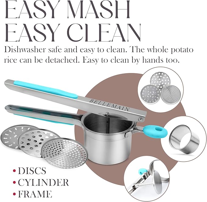 Bellemain Potato Ricer 15 oz with 3 Interchangeable Discs Mash Potato Masher Stainless Steel, Sweet Potato Masher Kitchen Tool Spaetzle Maker Press, Khuon Banh Lot, Spaetzle Noodle(AQUA BLUE), Medium