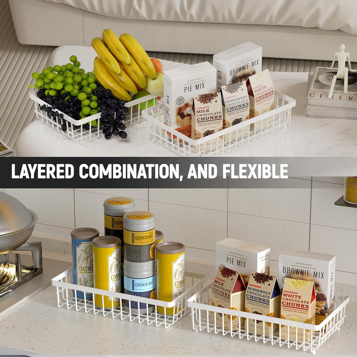 Fruit Basket,2-Tier Fruit Bowl with Banana Hanger,Kitchen Storage Countertop Rack,Fruit Metal Bowls Perfect for Holding Fruit,Vegetables,Snacks(White)