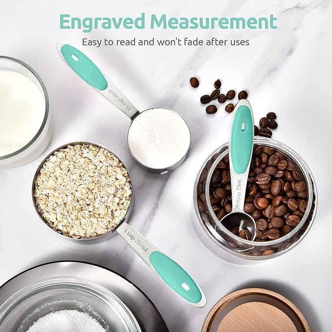 Measuring Cups and Spoons Set: U-Taste 18/8 Stainless Steel 10 Pieces Metal Stacking Kitchen Baking Cooking Food Measure Set 5 Cups 5 Spoons with Strengthened Weld Joints (Aqua Sky, Upgraded Version)