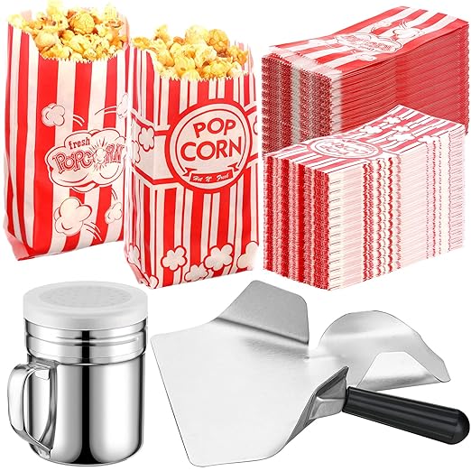 602 Popcorn Machine Supplies Set Sifting Speed Stainless Steel Popcorn Scoop Salt Shaker 600 Pcs 2 Styles 1 oz Bags Seasoning Dredge with Handle for Home Kitchen Theater Movie Tool