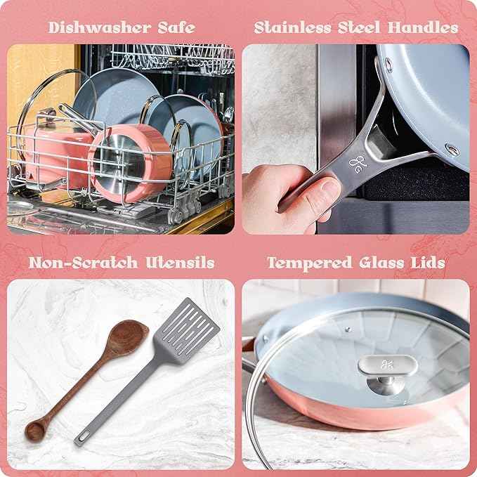 Premium Non-Toxic Ceramic Cookware Set – Triple-Layer Nonstick 12 Piece Pots and Pans with Lids, PFAS-Free, Oven Safe for Healthy Meals, Space-Saving Design, Coral Pink Color | Greater Goods